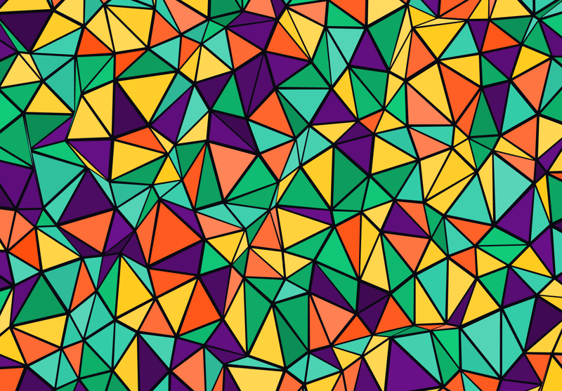 A field of green, orange, yellow, and purple triangles of various angles and orientations separated by a neat black border.